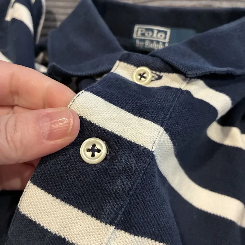 Vintage Polo Ralph Lauren Navy Blue Stripe Short Sleeve Polo Mens Size Large